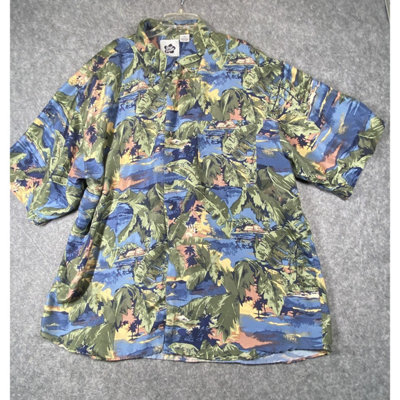 Hilo Hattie Shirt Mens XL Blue Green Silk Hawaiian Button Up Palm Trees Pocket - Picture 1 of 11